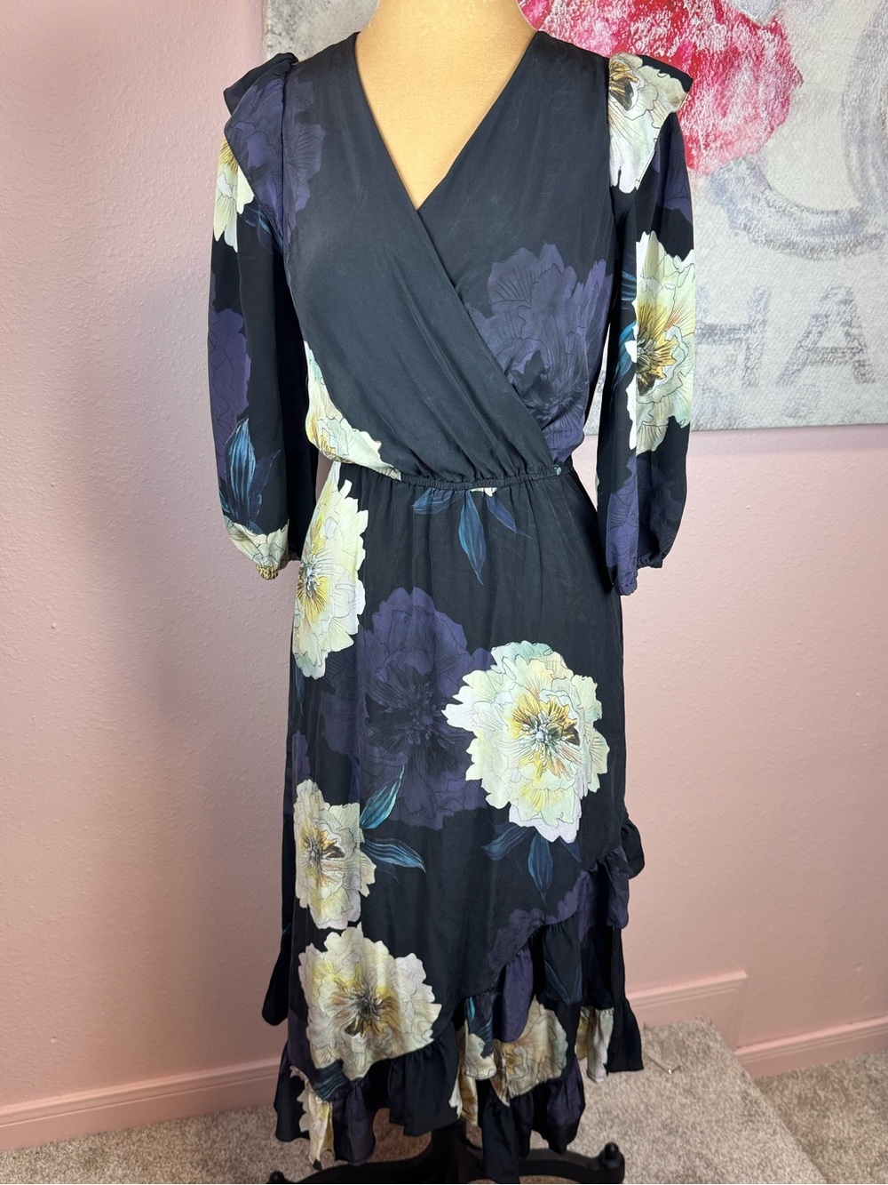 Anthropologie Tracy ReeseBlack Floral Wrap Midi Dress with Puff Sleeves S